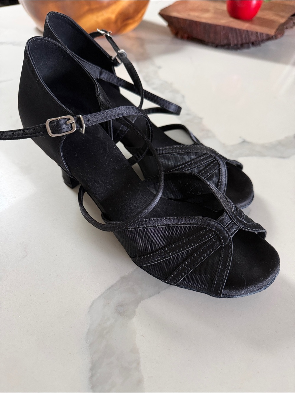 Elegant Black Strappy Heeled Dancing Shoes with Ankle Buckle
